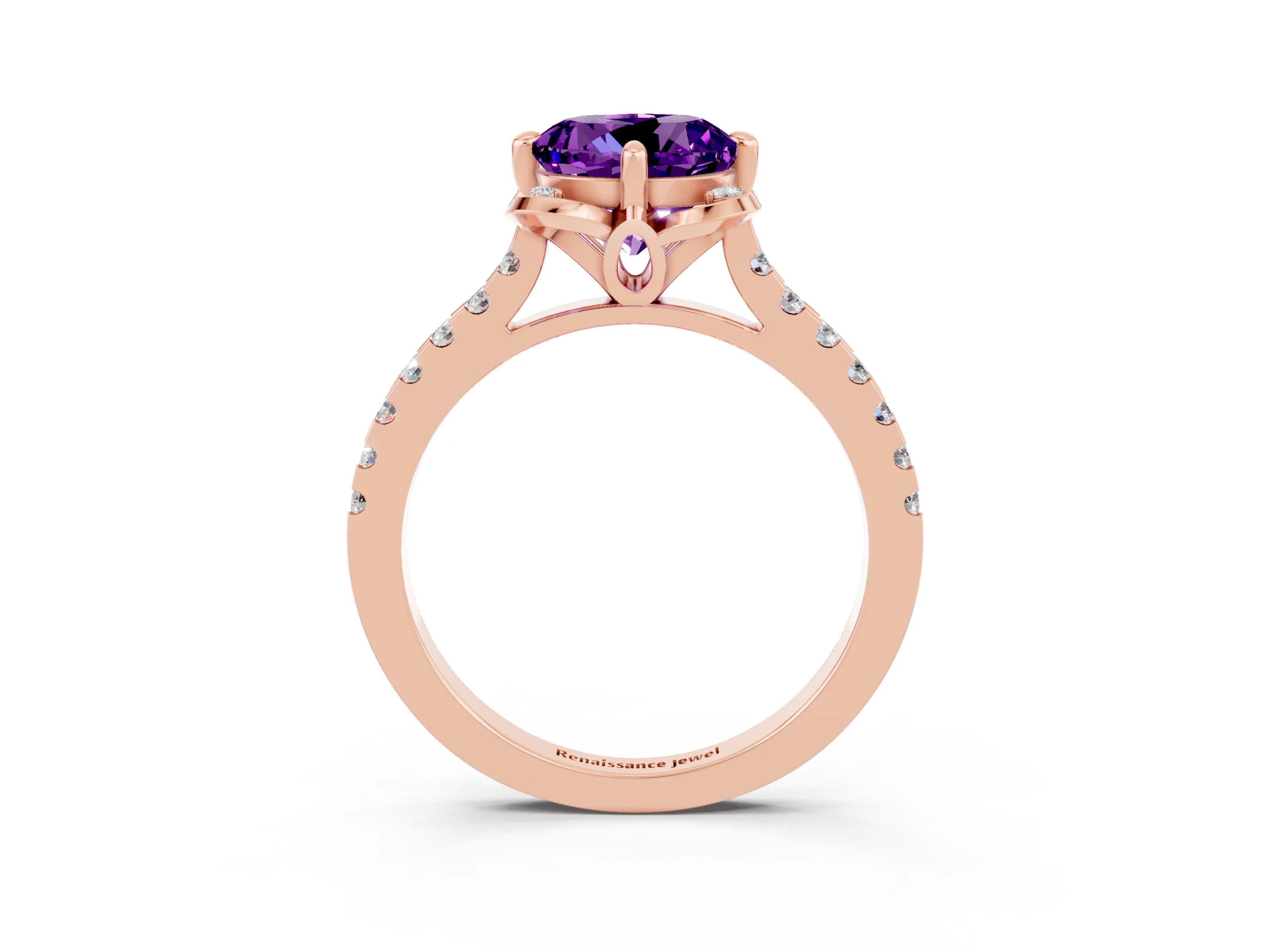 Rose gold Round Cut Amethyst Ring with Pavé Band and Floral Prong Setting_3