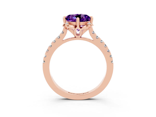 Rose gold Round Cut Amethyst Ring with Pavé Band and Floral Prong Setting
