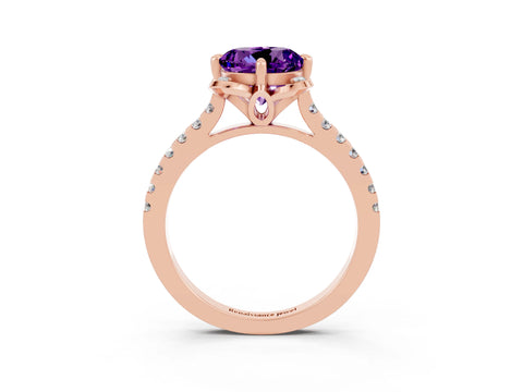 Rose gold Round Cut Amethyst Ring with Pavé Band and Floral Prong Setting_3