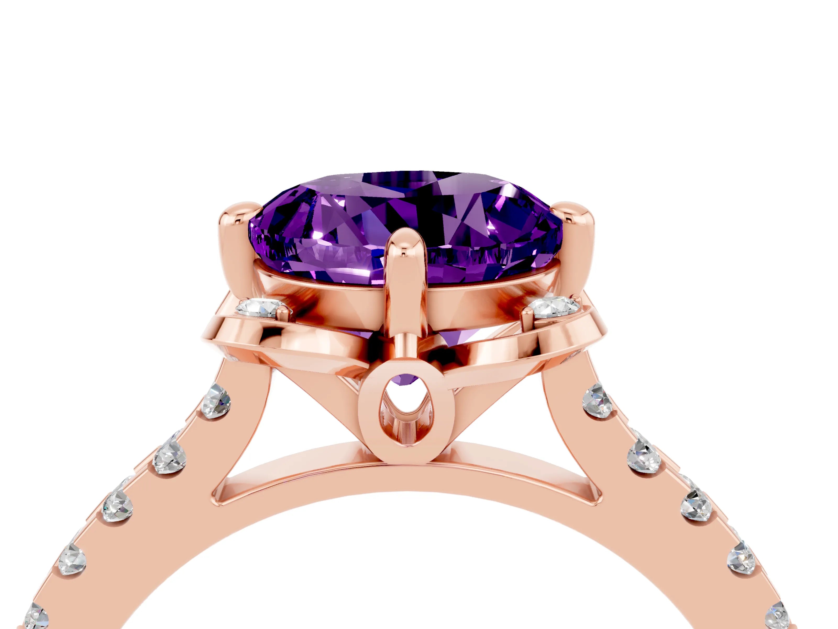 Rose gold Round Cut Amethyst Ring with Pavé Band and Floral Prong Setting_4