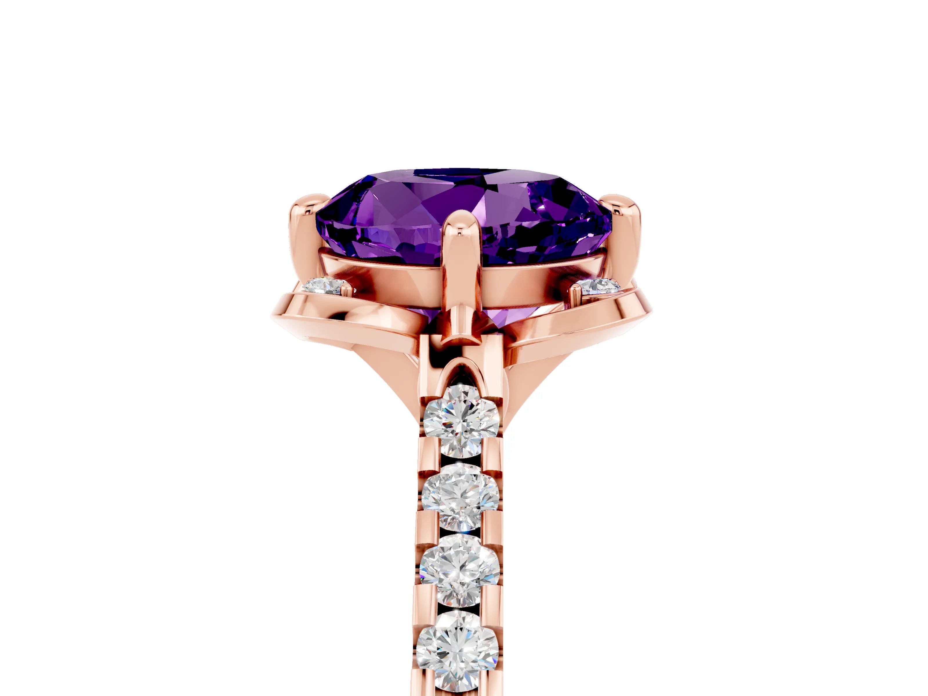 Rose gold Round Cut Amethyst Ring with Pavé Band and Floral Prong Setting_5