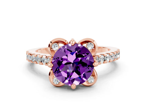Rose gold Round Cut Amethyst Ring with Pavé Band and Floral Prong Setting