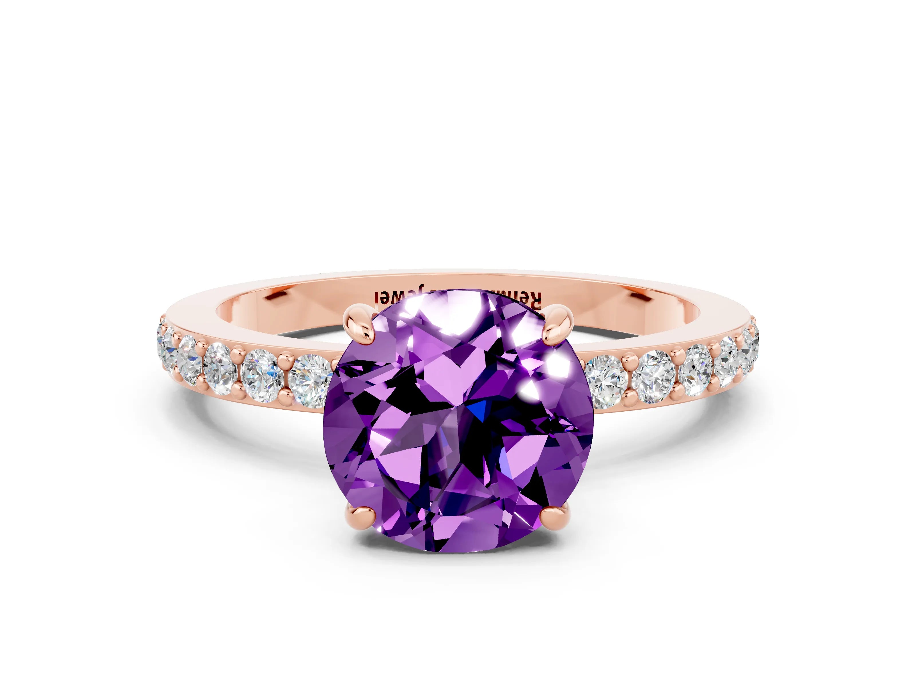 Rose gold Round Cut Amethyst Ring with Pavé Band and Four-Prong Setting