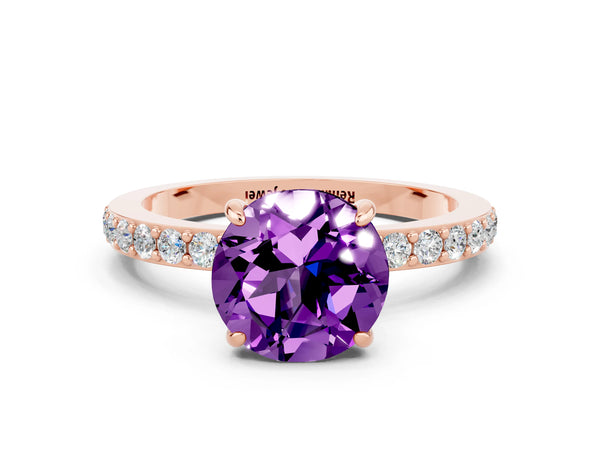 Rose gold Round Cut Amethyst Pavé Engagement Ring with Round  Accents and Prong Setting