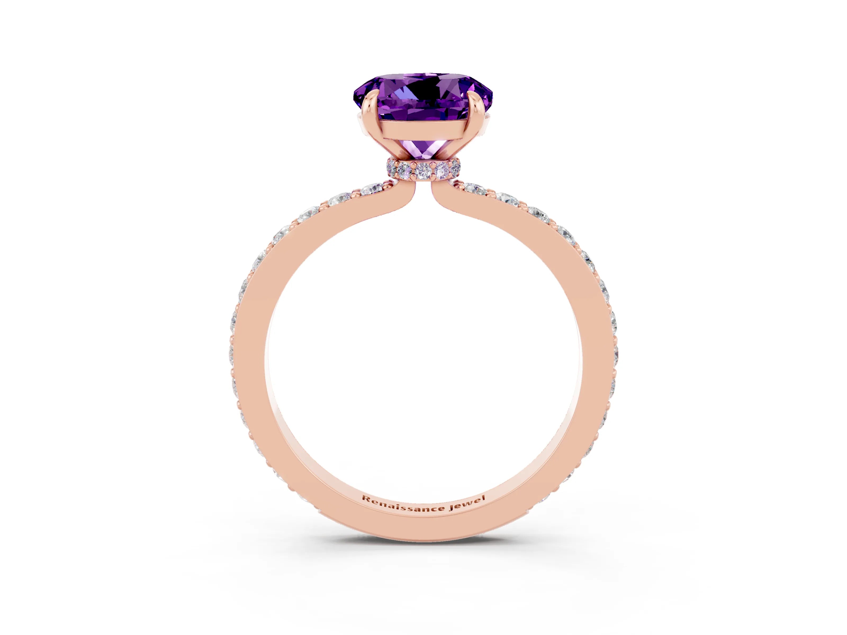 Rose gold Round Cut Amethyst Ring with Pavé Band and Four-Prong Setting_3