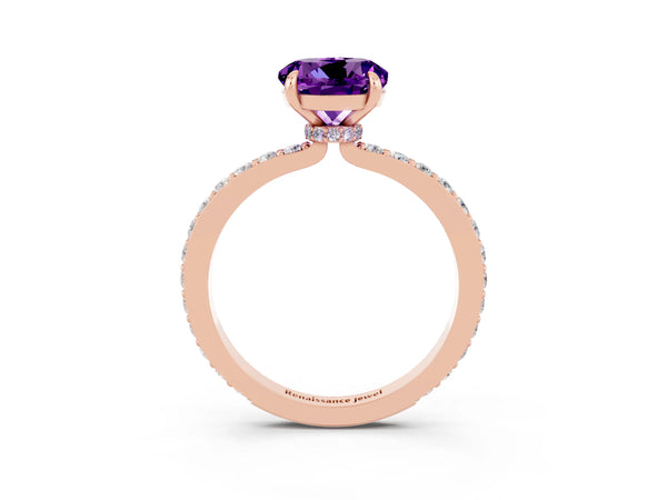 Rose gold Round Cut Amethyst Pavé Engagement Ring with Round  Accents and Prong Setting