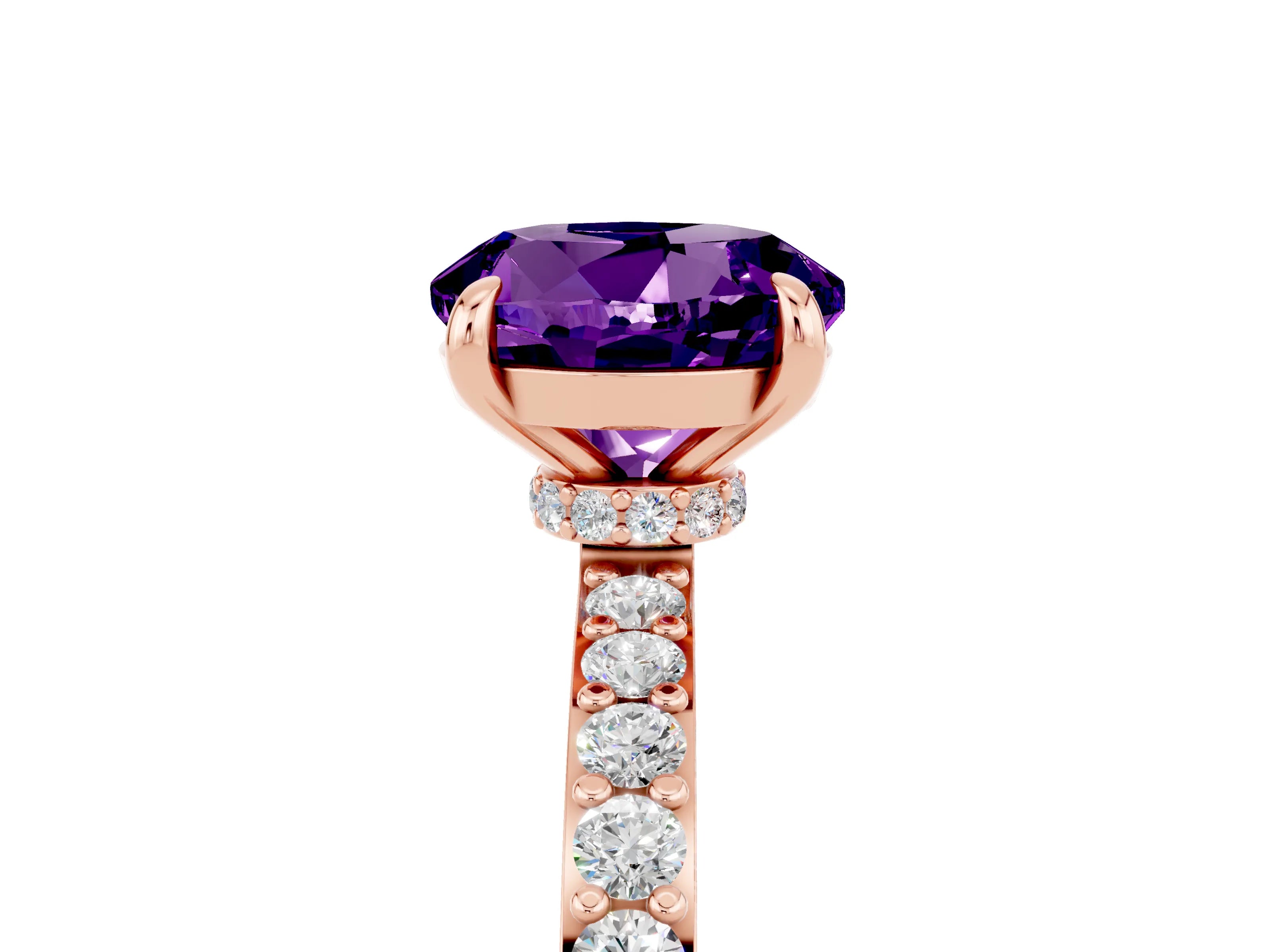 Rose gold Round Cut Amethyst Ring with Pavé Band and Four-Prong Setting_5