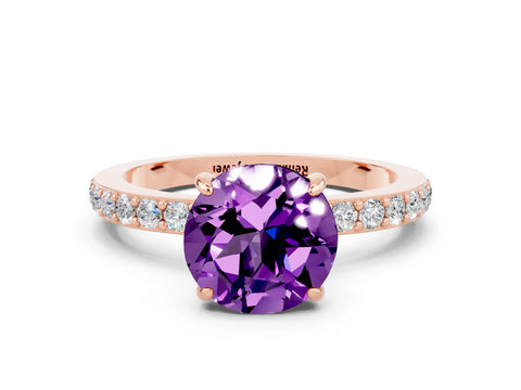 Rose gold Round Cut Amethyst Ring with Pavé Band and Four-Prong Setting