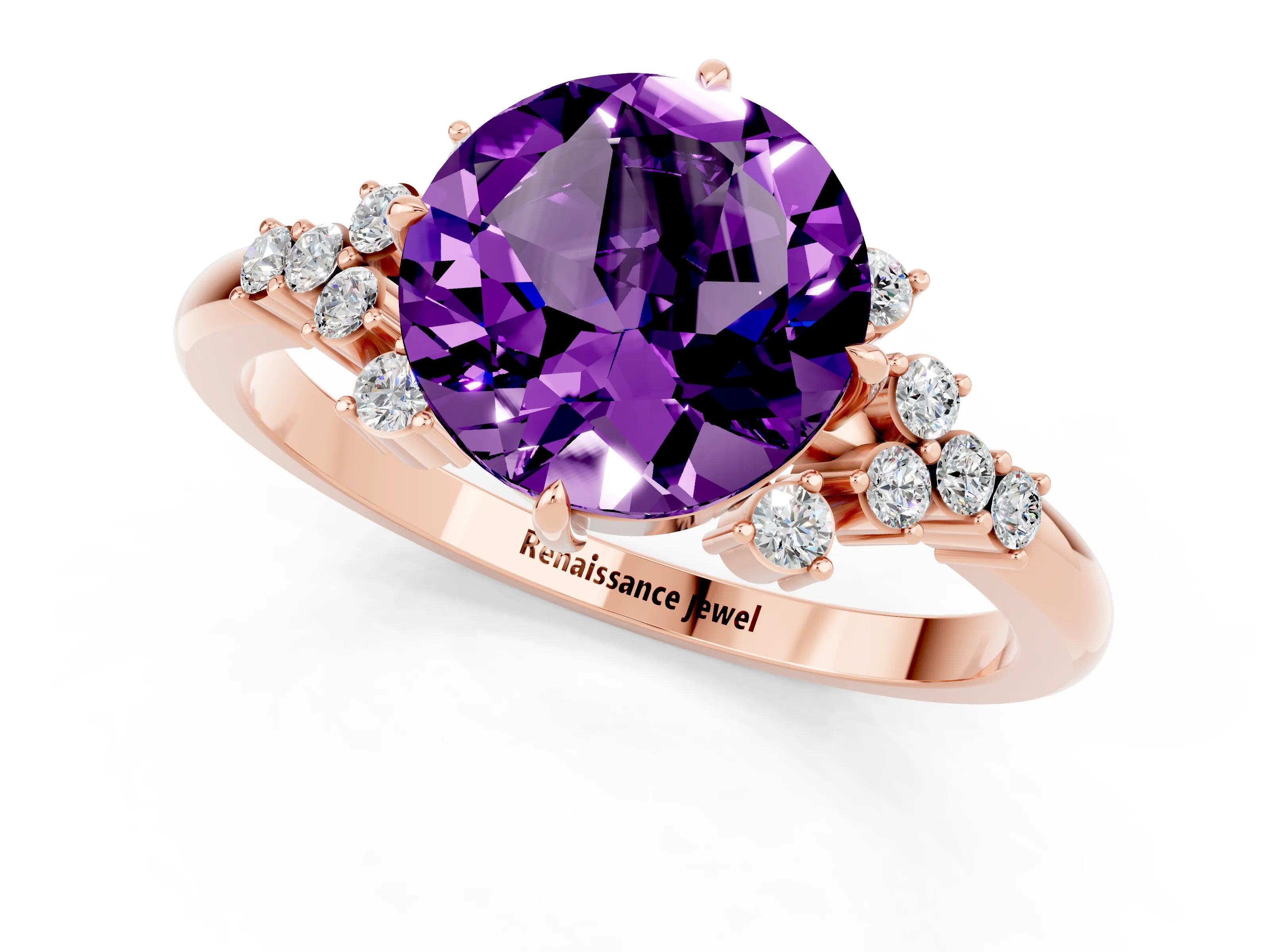 Rose gold Round Cut Amethyst Ring with Side Stones and Four-Prong Setting_37