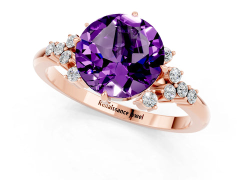 Rose gold Round Cut Amethyst Ring with Side Stones and Four-Prong Setting_37