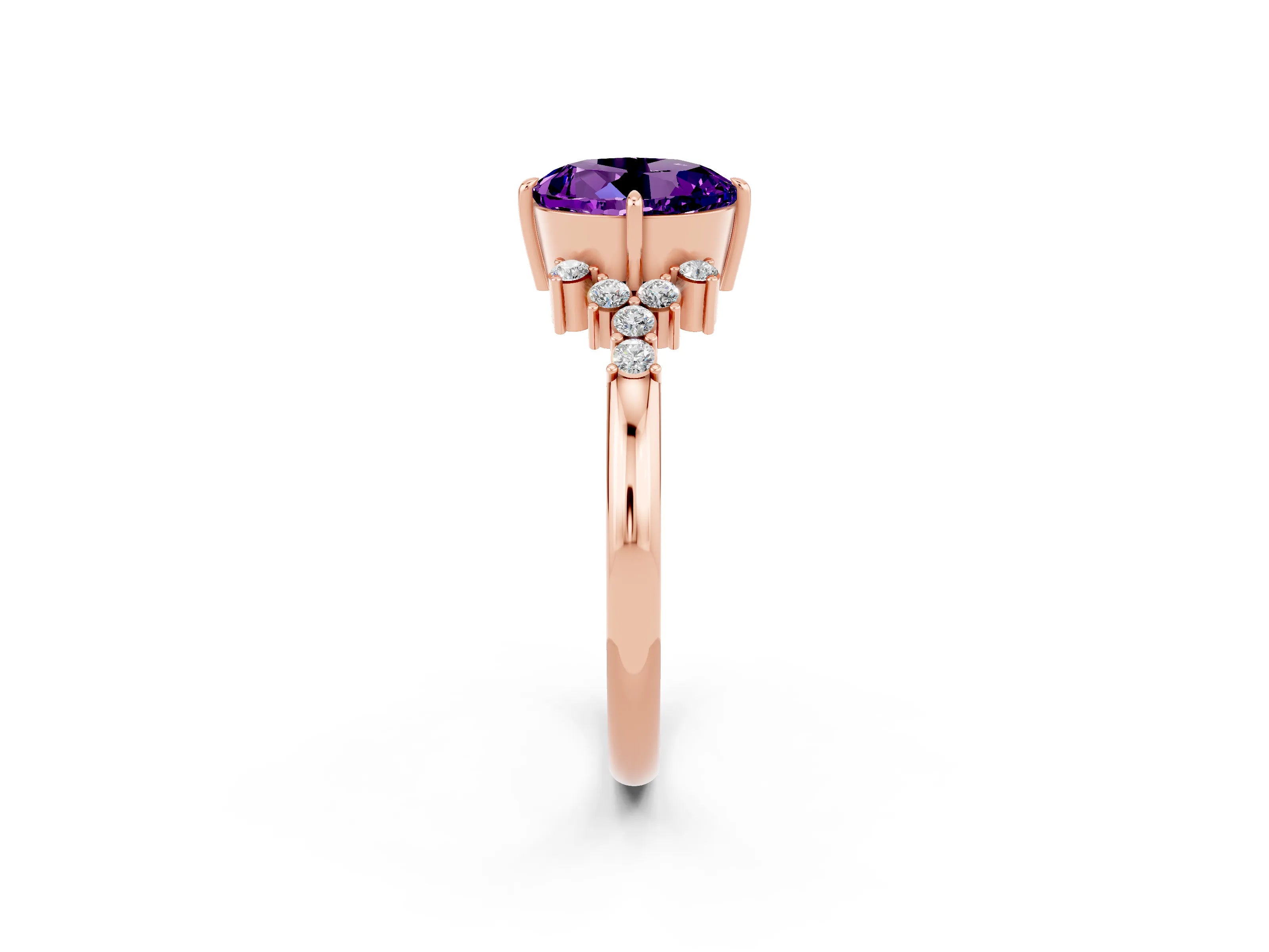 Rose gold Round Cut Amethyst Ring with Side Stones and Four-Prong Setting_38