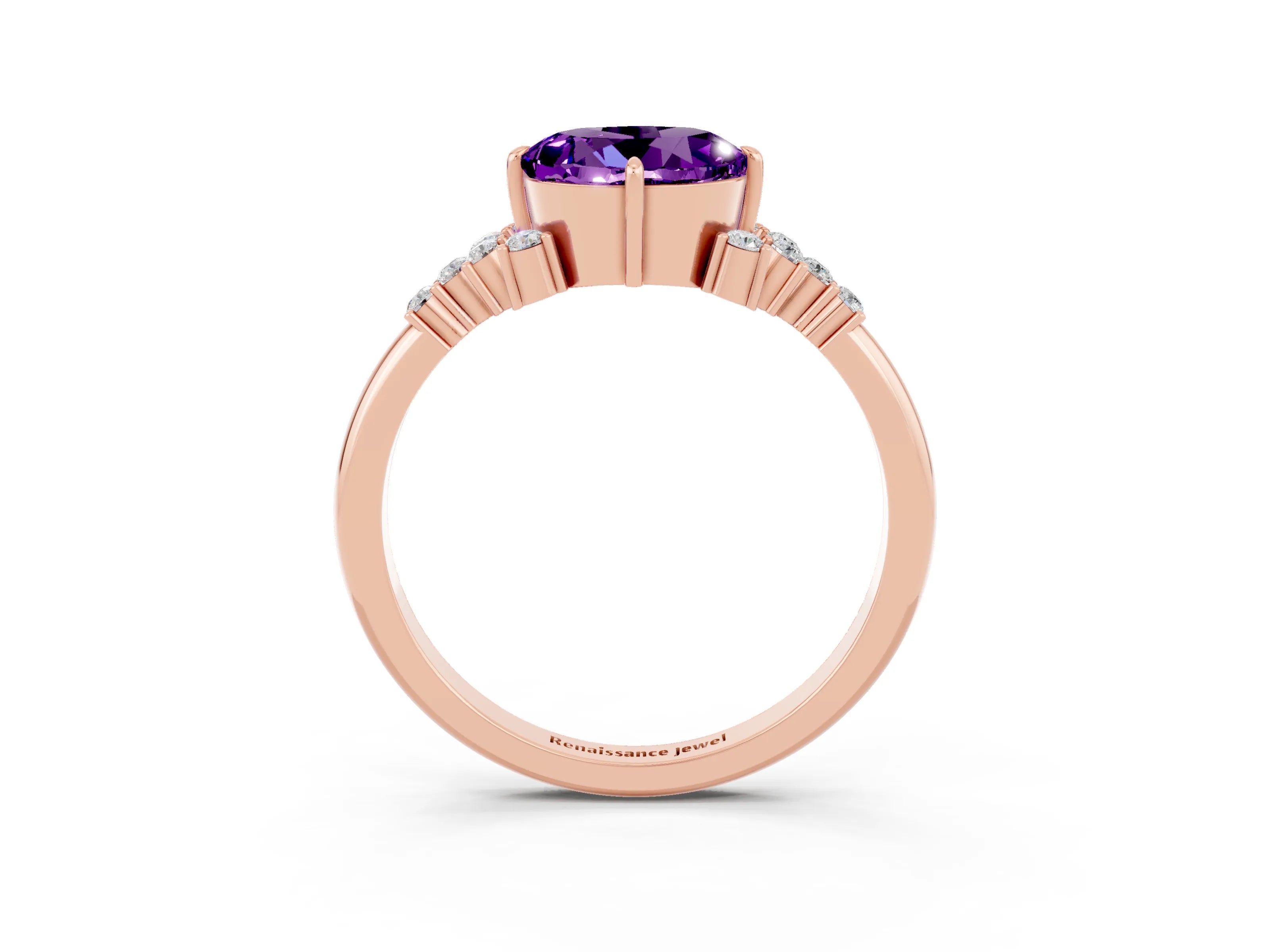 Rose gold Round Cut Amethyst Ring with Side Stones and Four-Prong Setting_39