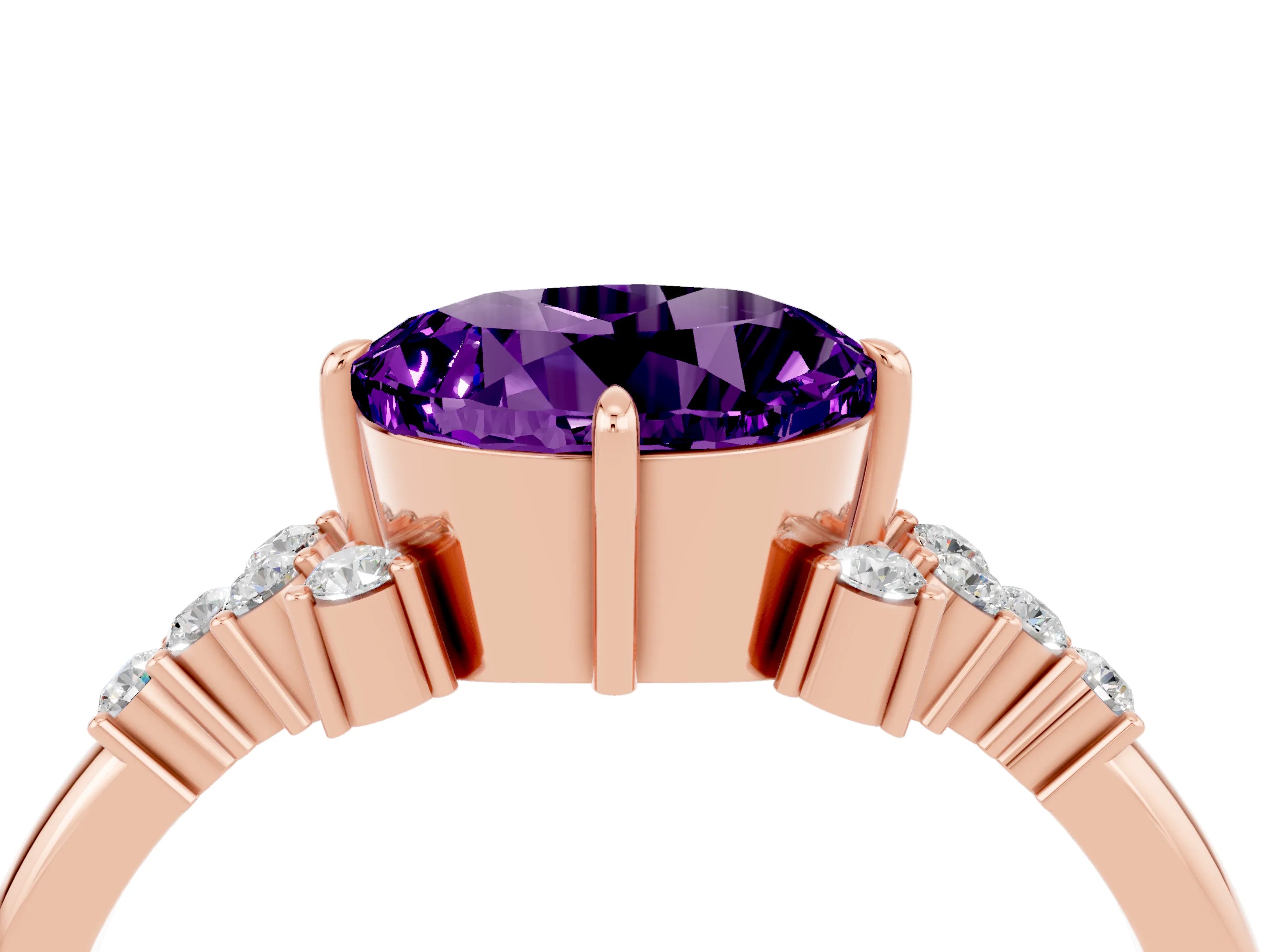 Rose gold Round Cut Amethyst Ring with Side Stones and Four-Prong Setting_40