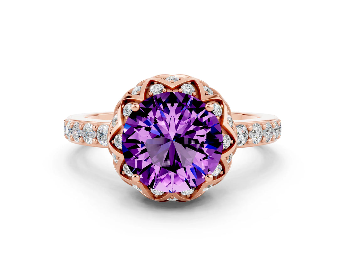 Rose gold Round Cut Amethyst Scalloped Halo Engagement Ring with Round Shared Prong Band_24