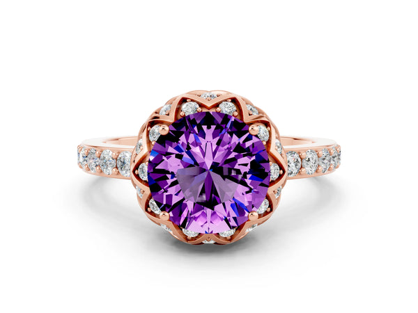 Rose gold Round Cut Amethyst Scalloped Halo Engagement Ring with Round Shared Prong Band