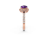 Rose gold Round Cut Amethyst Scalloped Halo Engagement Ring with Round Shared Prong Band_26