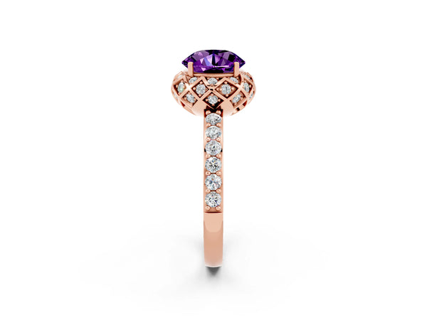 Rose gold Round Cut Amethyst Scalloped Halo Engagement Ring with Round Shared Prong Band