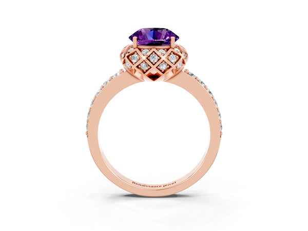 Rose gold Round Cut Amethyst Scalloped Halo Engagement Ring with Round Shared Prong Band