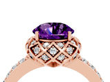 Rose gold Round Cut Amethyst Scalloped Halo Engagement Ring with Round Shared Prong Band_28