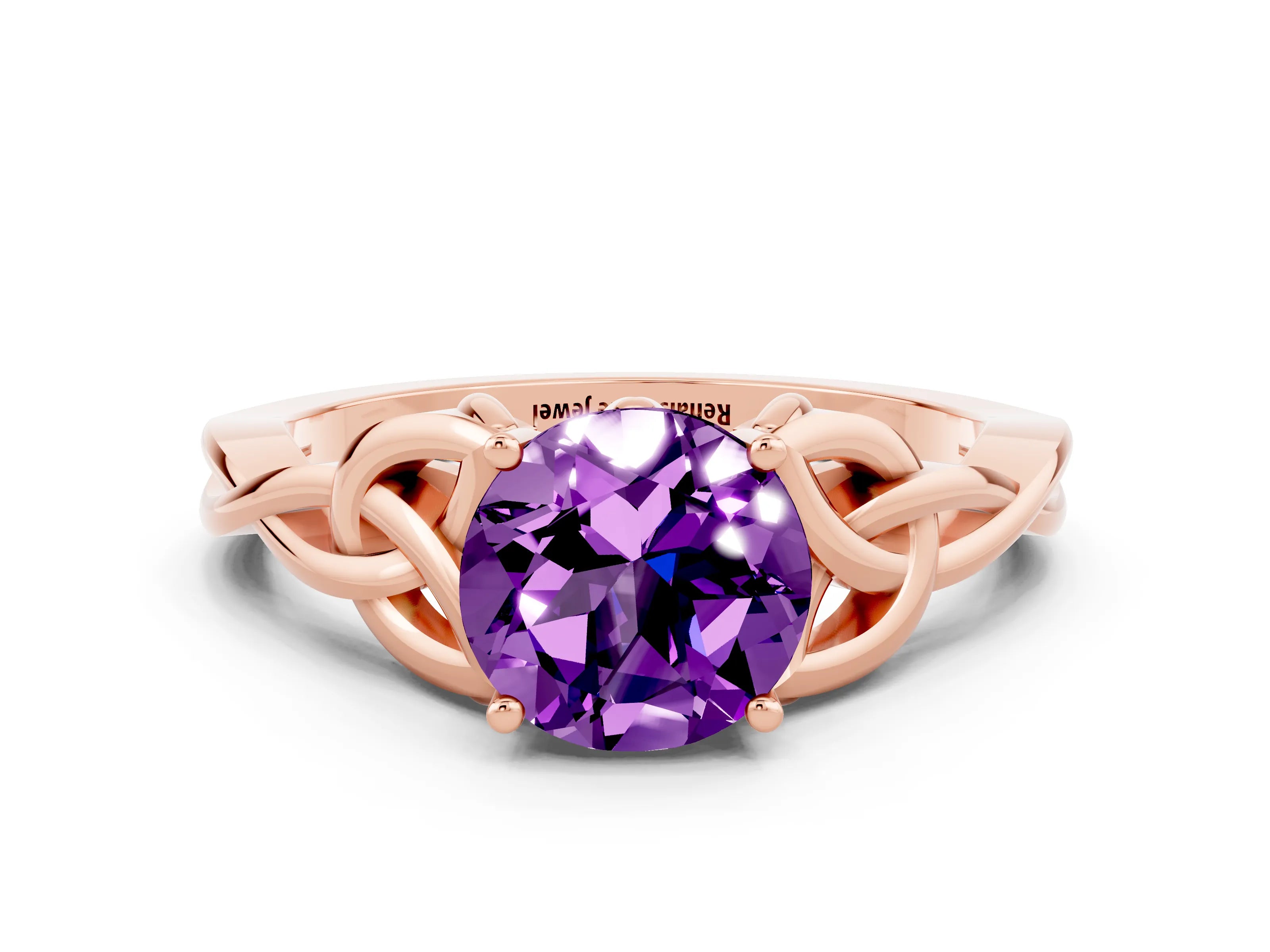 Rose gold Round Cut Amethyst Solitaire Celtic Knot Ring with Four-Prong Setting_12