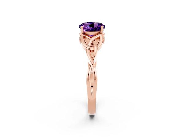 Rose gold Round Cut Amethyst Solitaire Celtic Knot Ring with Four-Prong Setting