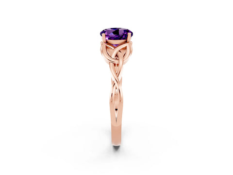 Rose gold Round Cut Amethyst Solitaire Celtic Knot Ring with Four-Prong Setting_14