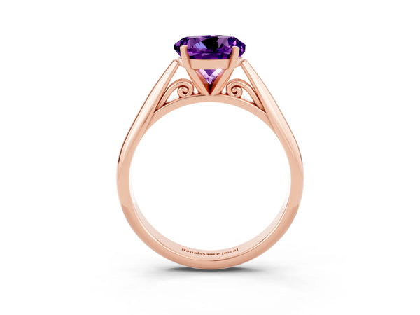 Rose gold Round Cut Amethyst Solitaire Engagement Ring with Cathedral Setting and Four-Prong Mount