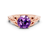 Rose gold Round Cut Amethyst Solitaire Engagement Ring with Celtic Knot Band and Four-Prong Setting