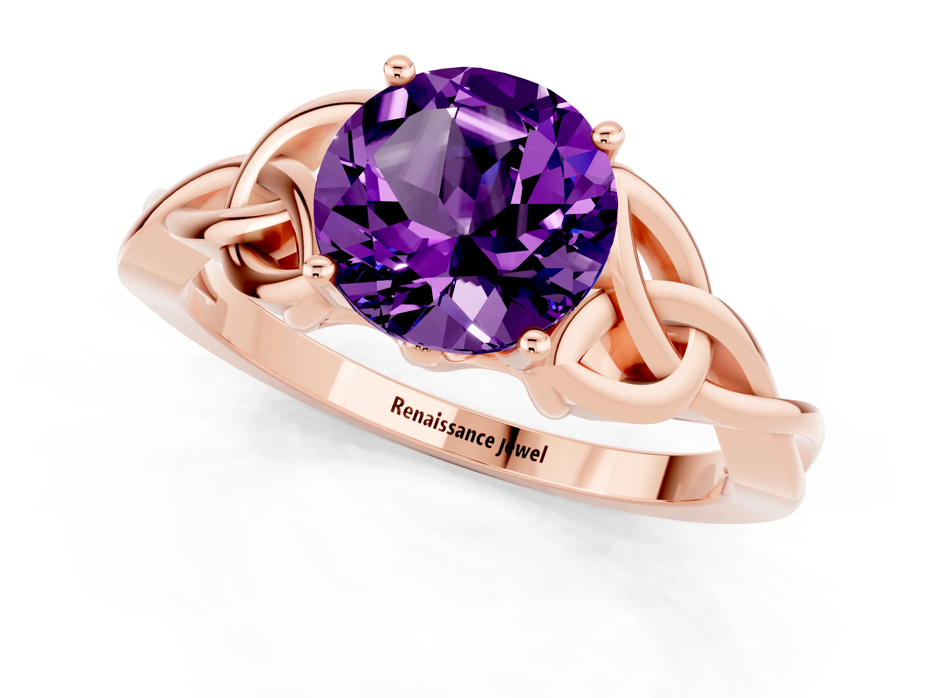 Rose gold Round Cut Amethyst Solitaire Engagement Ring with Celtic Knot Band and Four-Prong Setting_1