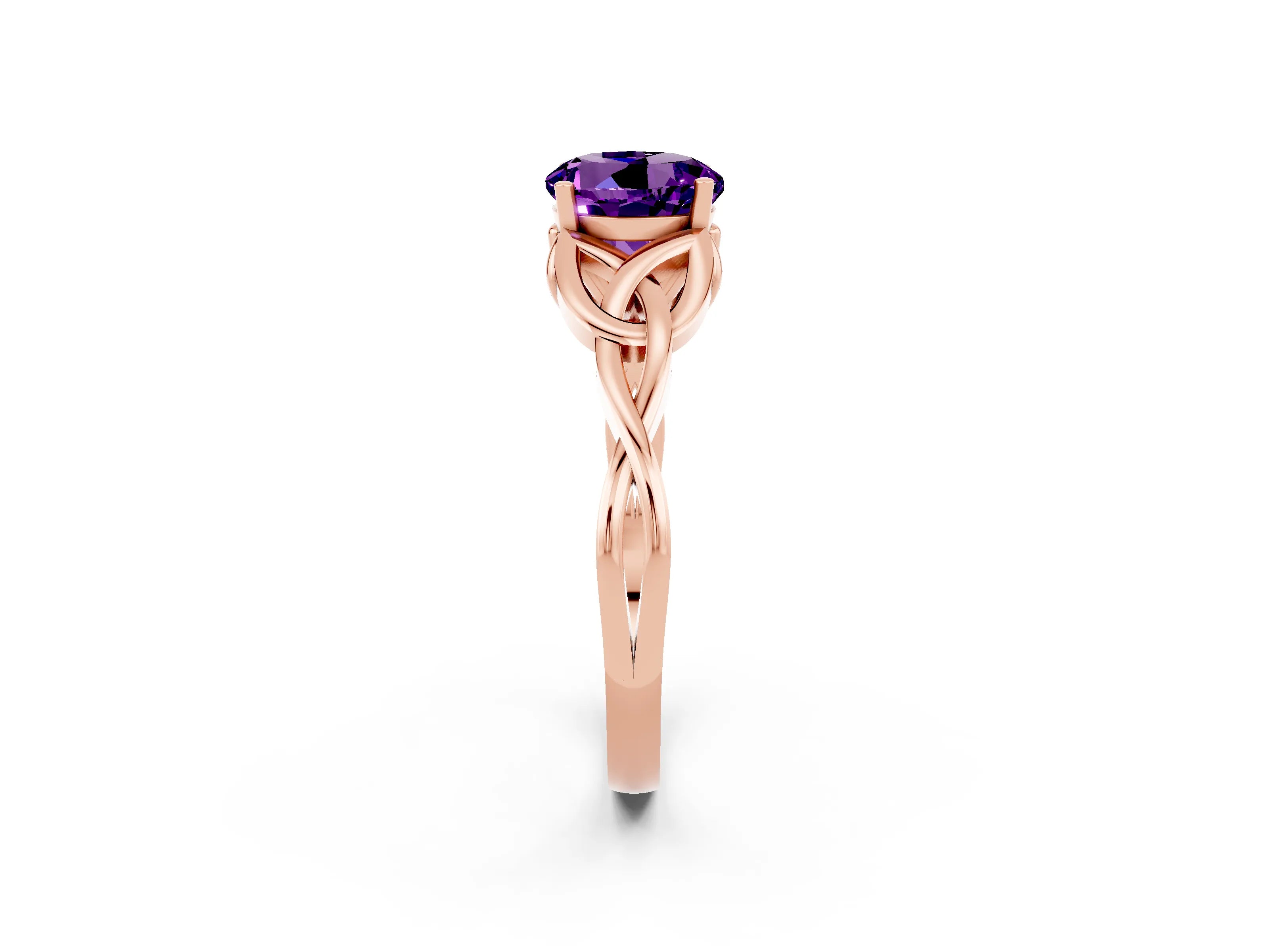 Rose gold Round Cut Amethyst Solitaire Engagement Ring with Celtic Knot Band and Four-Prong Setting_2
