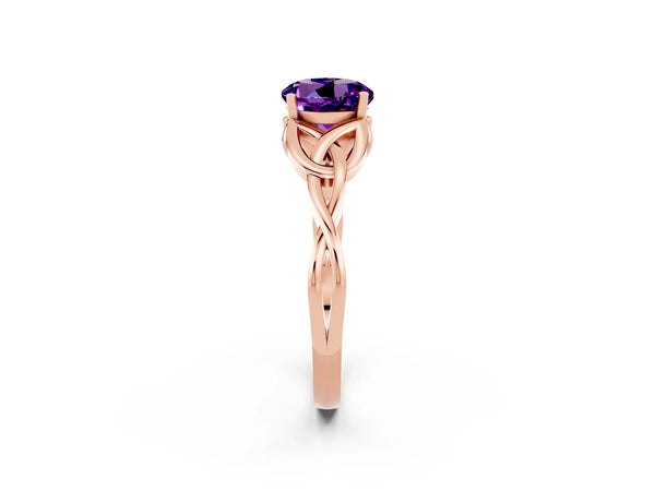 Rose gold Round Cut Amethyst Solitaire Engagement Ring with Celtic Knot Band and Four-Prong Setting