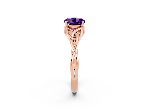 Rose gold Round Cut Amethyst Solitaire Engagement Ring with Celtic Knot Band and Four-Prong Setting_2