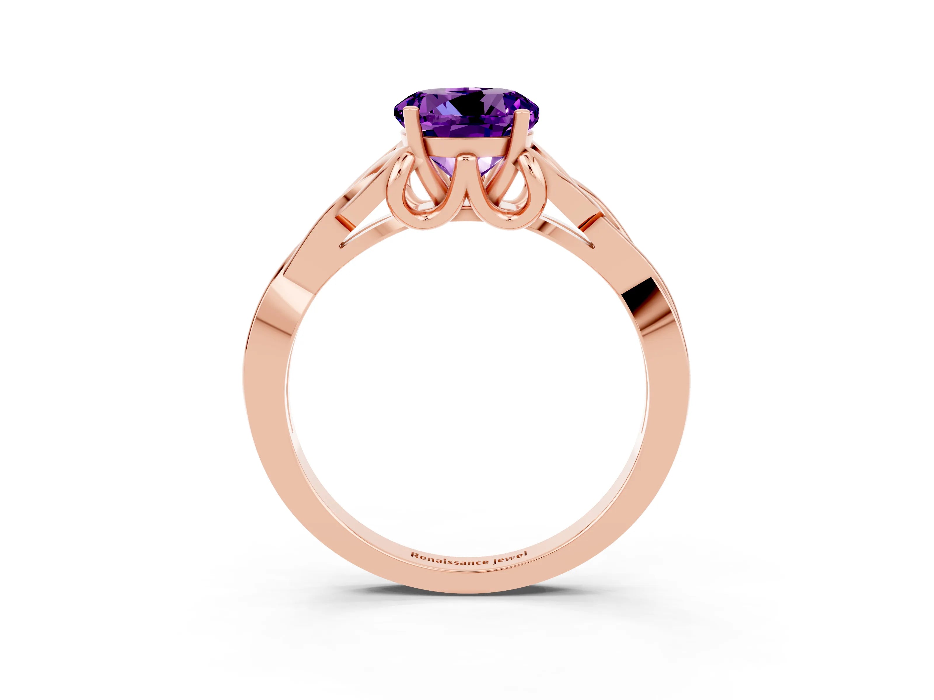 Rose gold Round Cut Amethyst Solitaire Engagement Ring with Celtic Knot Band and Four-Prong Setting_3