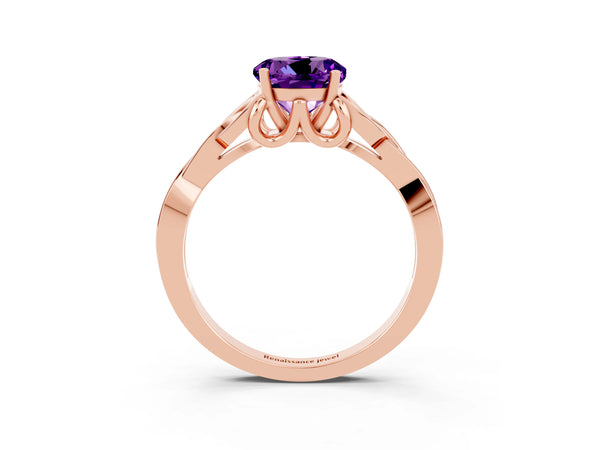 Rose gold Round Cut Amethyst Solitaire Engagement Ring with Celtic Knot Band and Four-Prong Setting
