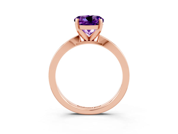 Rose gold Round Cut Amethyst Solitaire Engagement Ring with Classic Band and Four-Prong Setting