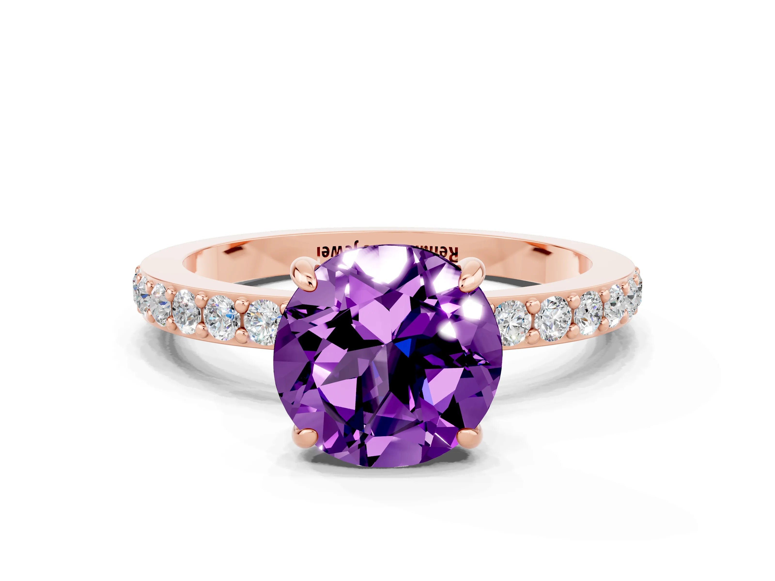 Rose gold Round Cut Amethyst Solitaire Engagement Ring with Pavé Band and Four-Prong Setting