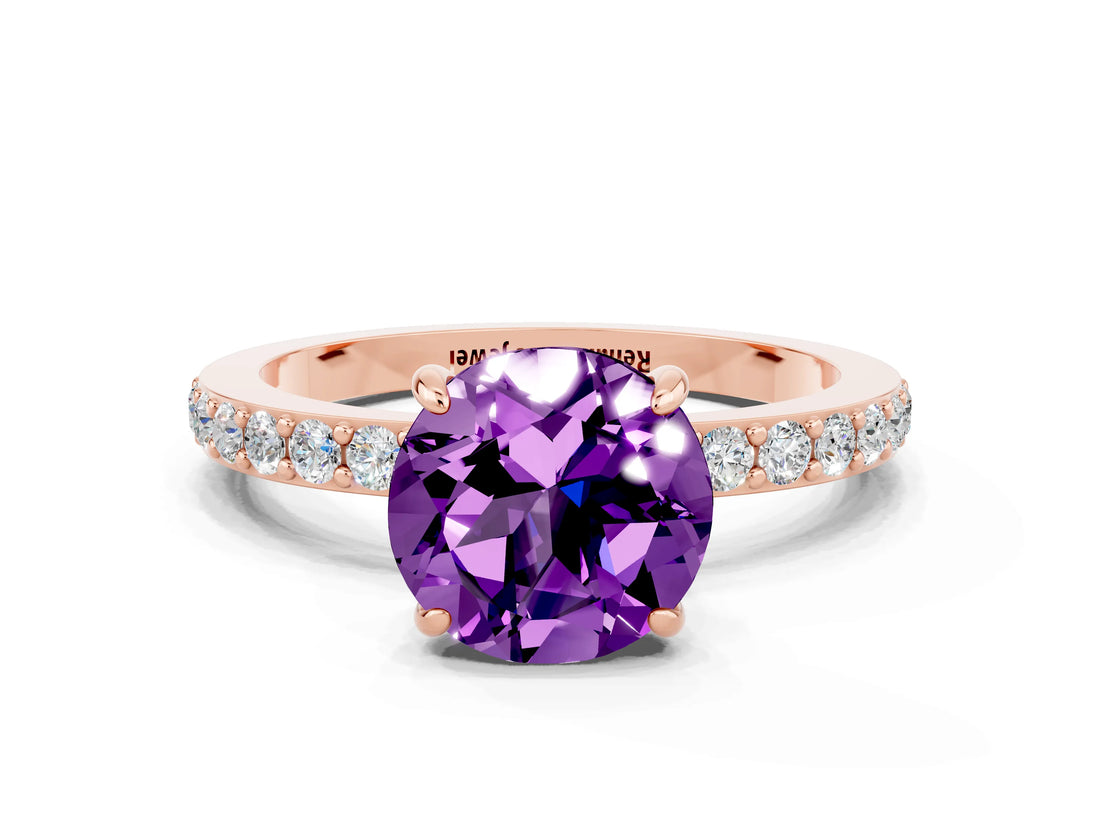 Rose gold Round Cut Amethyst Solitaire Engagement Ring with Pavé Band and Four-Prong Setting
