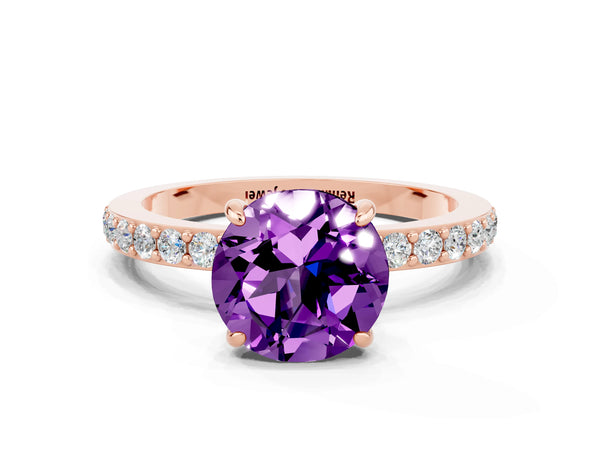 Rose gold Round Cut Amethyst Solitaire Engagement Ring with Pavé Band and Four-Prong Setting
