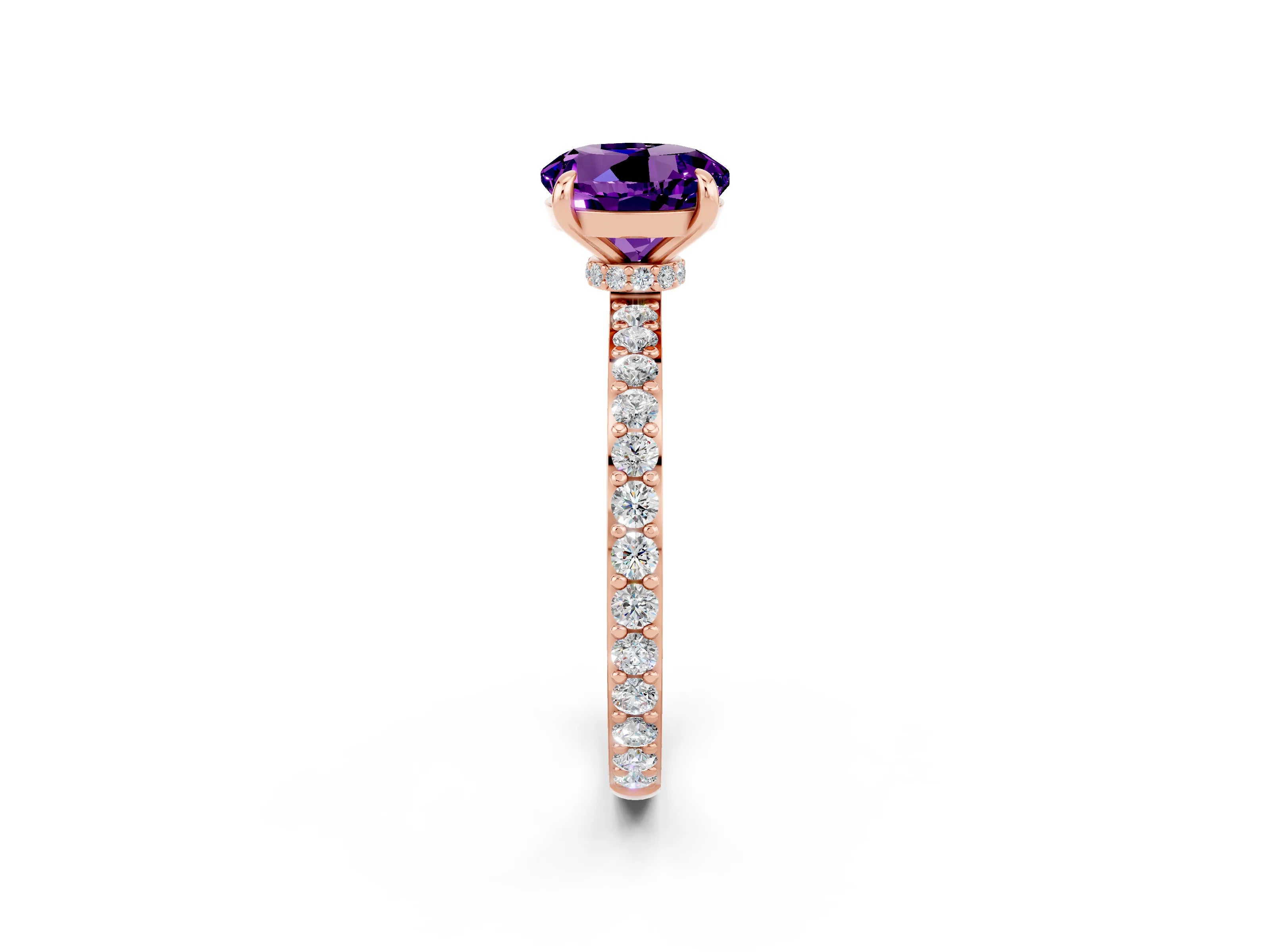 Rose gold Round Cut Amethyst Solitaire Engagement Ring with Pavé Band and Four-Prong Setting_2