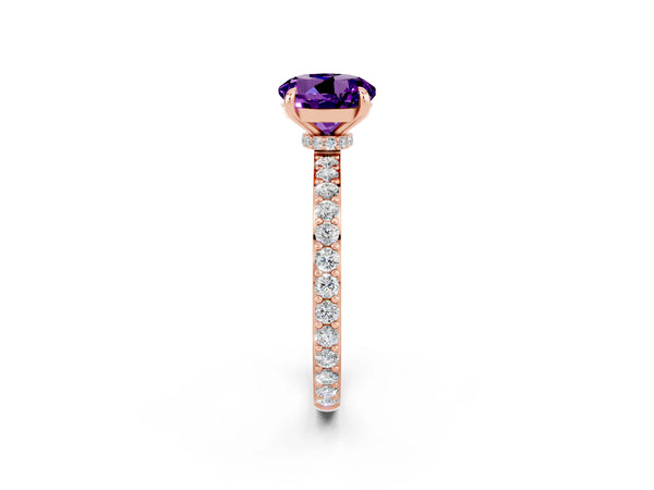 Rose gold Round Cut Amethyst Solitaire Engagement Ring with Pavé Band and Four-Prong Setting
