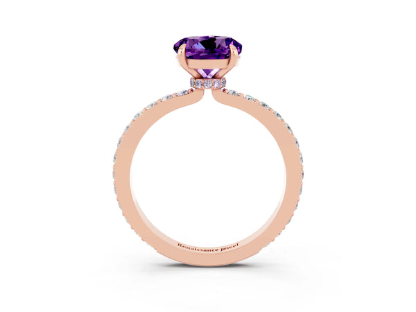 Rose gold Round Cut Amethyst Solitaire Engagement Ring with Pavé Band and Four-Prong Setting