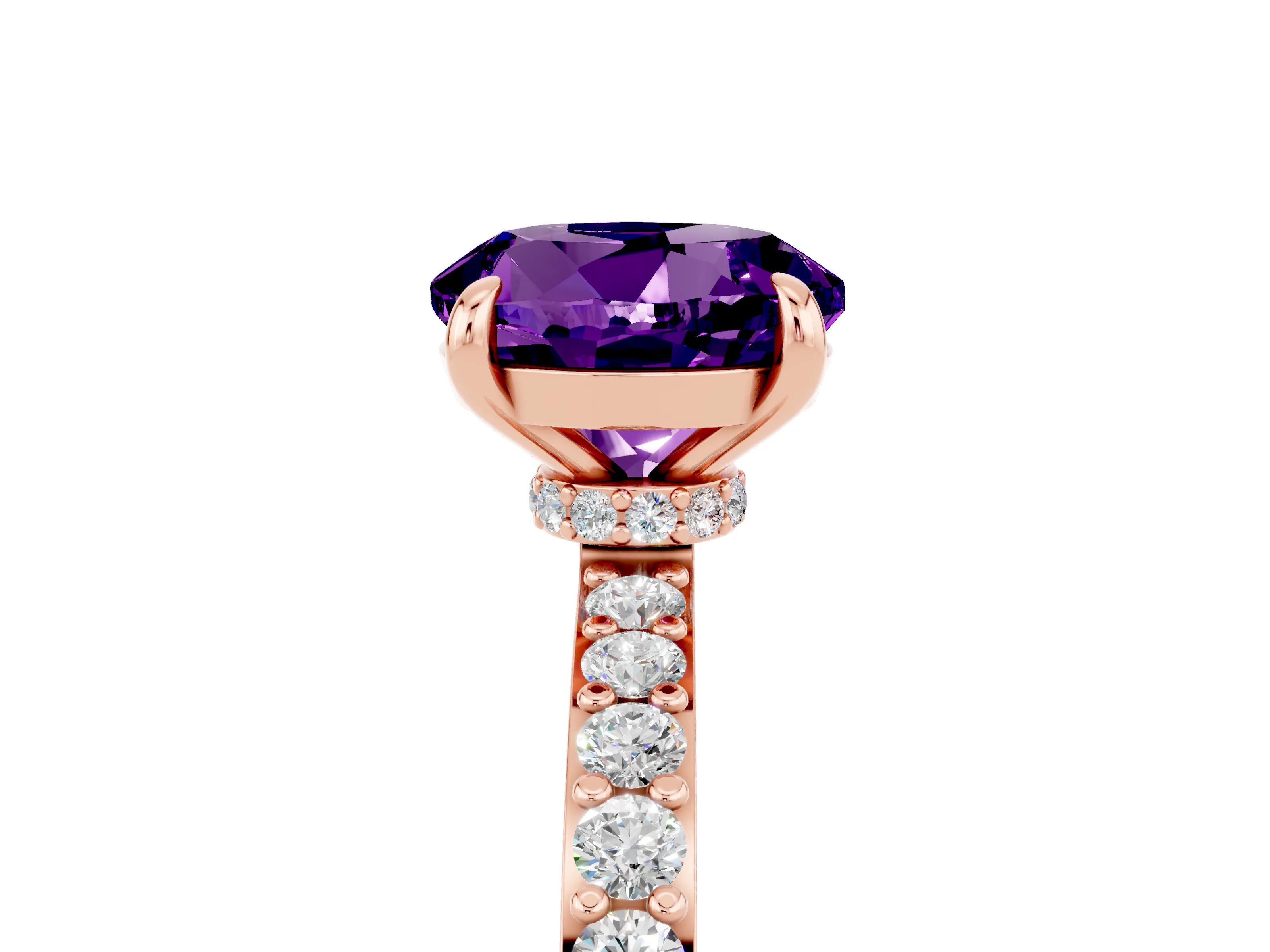 Rose gold Round Cut Amethyst Solitaire Engagement Ring with Pavé Band and Four-Prong Setting_5