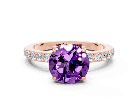 Rose gold Round Cut Amethyst Solitaire Engagement Ring with Pavé Band and Four-Prong Setting