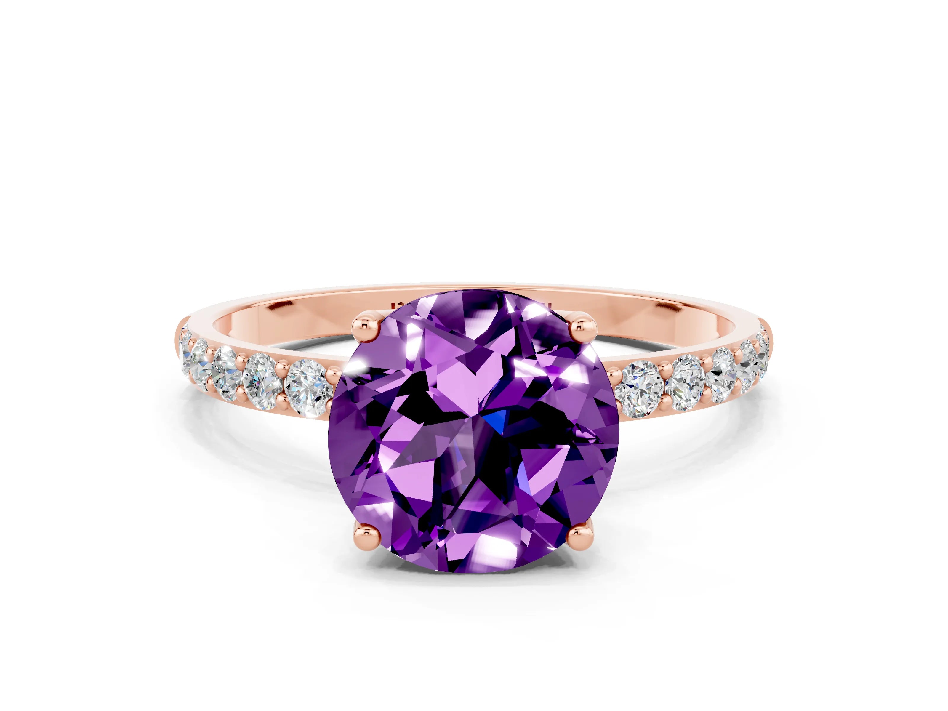 Rose gold Round Cut Amethyst Solitaire Engagement Ring with Pavé Band and Prong Setting