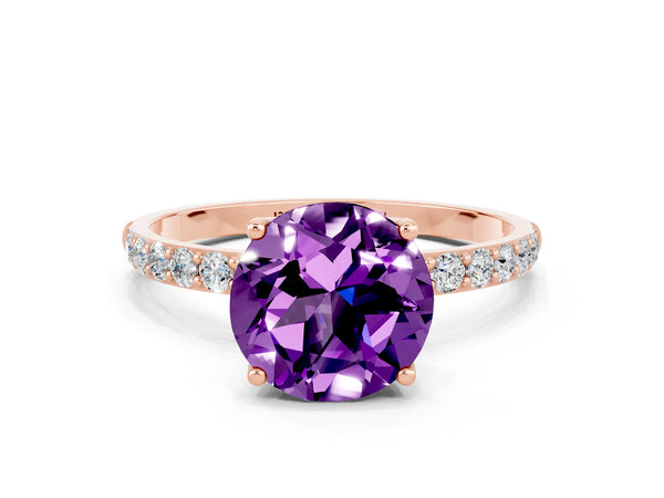 Rose gold Round Cut Amethyst Solitaire Engagement Ring with Round  Pavé Band and Prong Setting