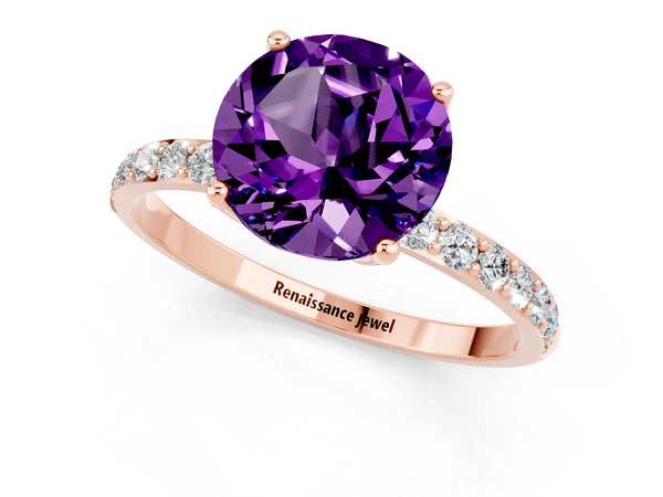 Rose gold Round Cut Amethyst Solitaire Engagement Ring with Round  Pavé Band and Prong Setting
