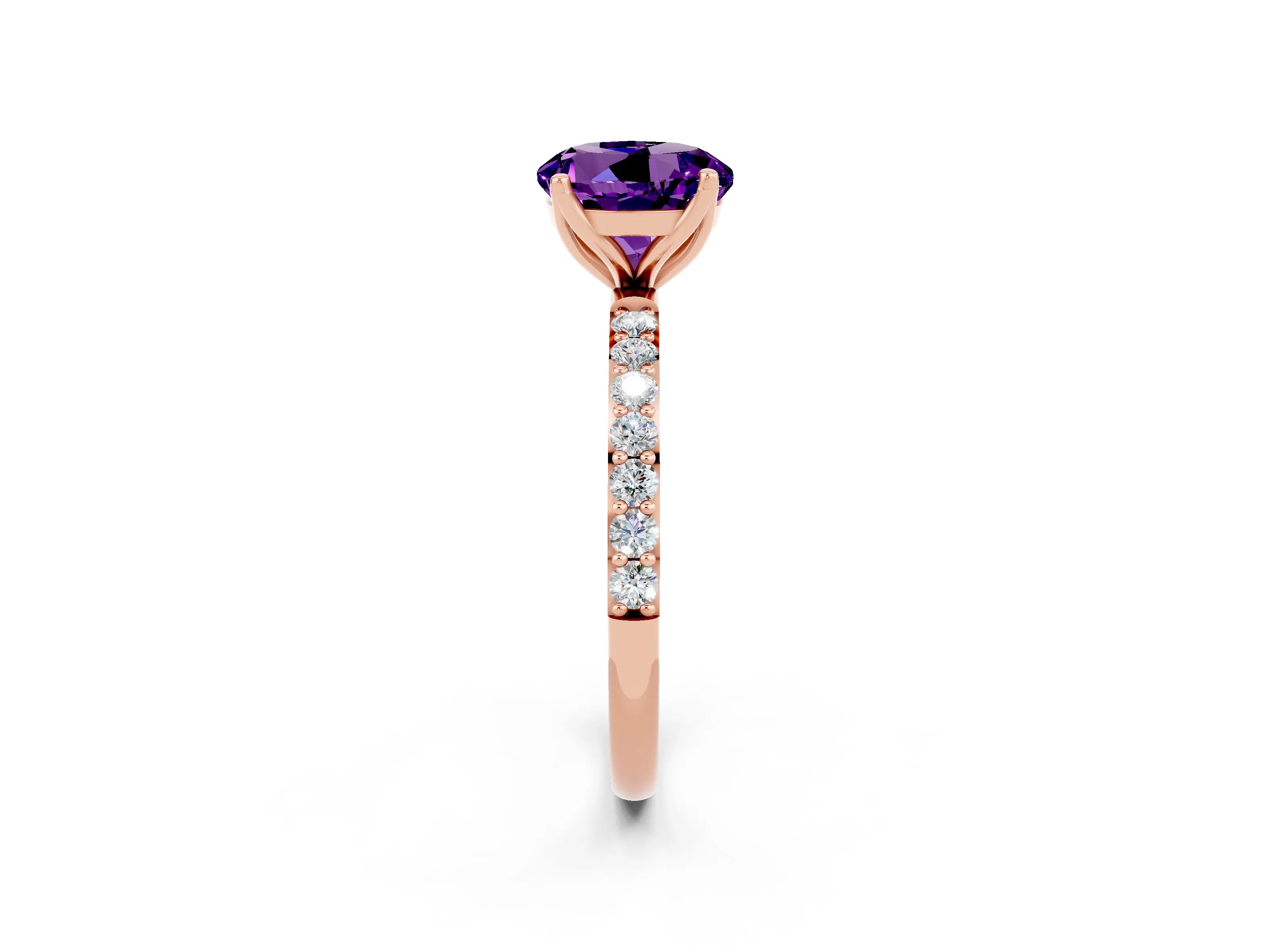 Rose gold Round Cut Amethyst Solitaire Engagement Ring with Pavé Band and Prong Setting_2