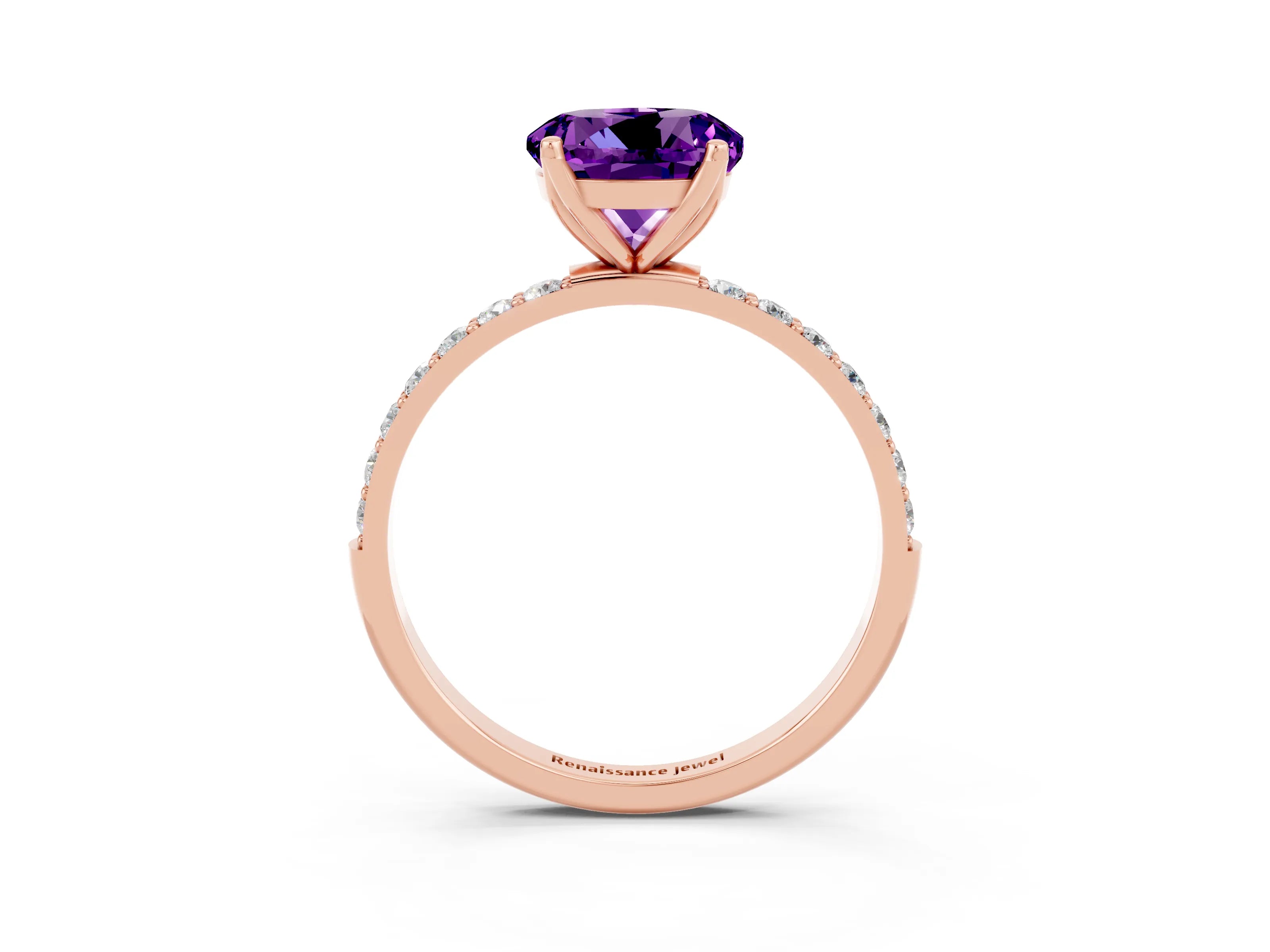 Rose gold Round Cut Amethyst Solitaire Engagement Ring with Pavé Band and Prong Setting_3