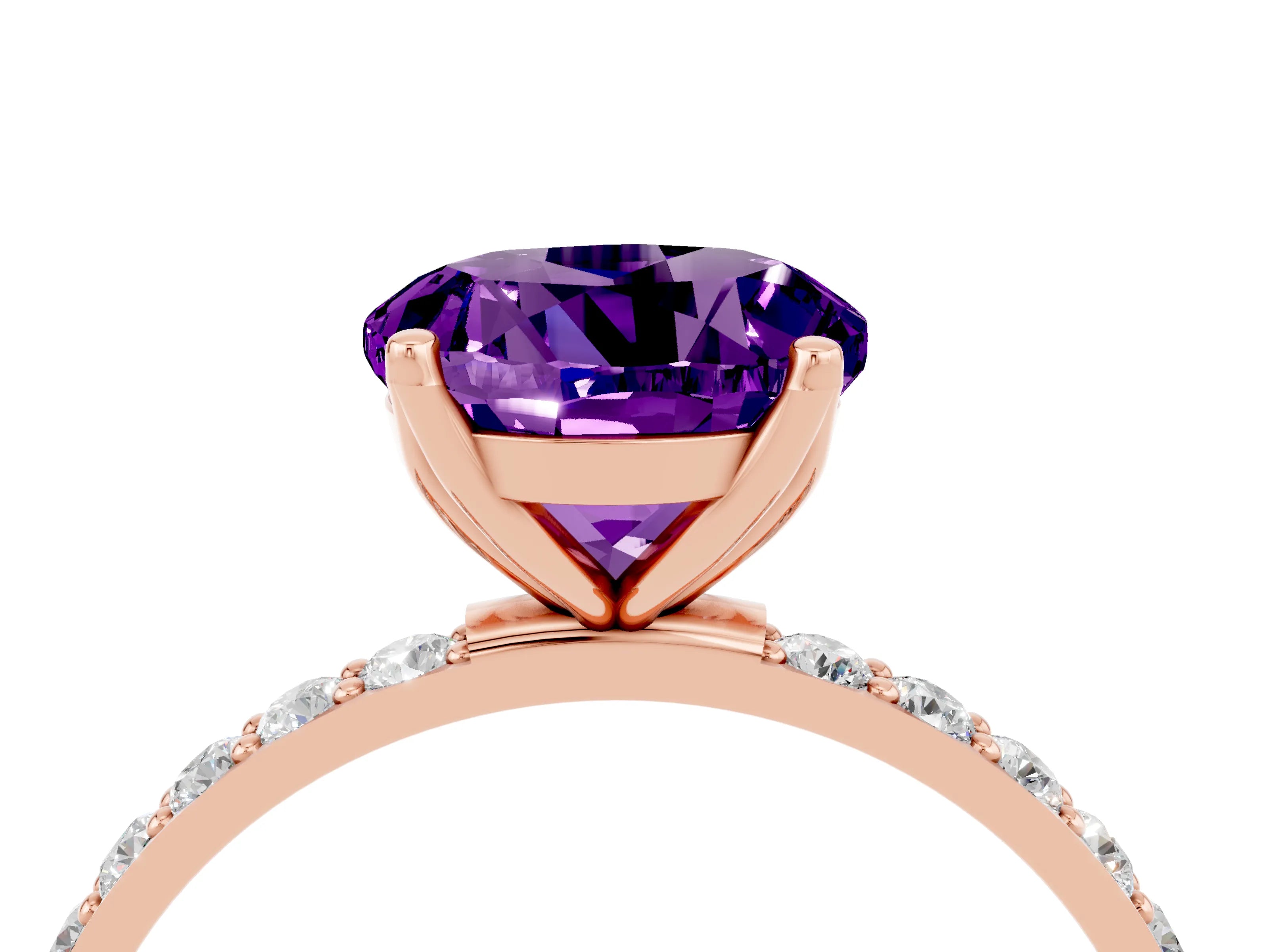 Rose gold Round Cut Amethyst Solitaire Engagement Ring with Pavé Band and Prong Setting_4