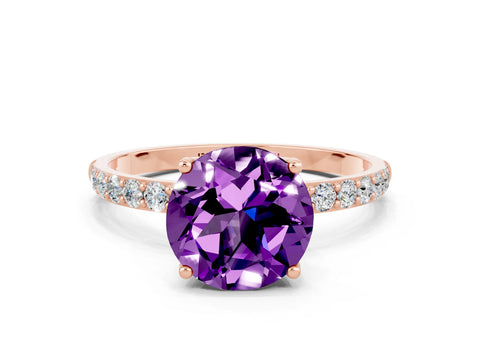Rose gold Round Cut Amethyst Solitaire Engagement Ring with Pavé Band and Prong Setting